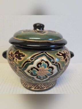 Vintage Hand-painted Stoneware Ginger Jar with Lid